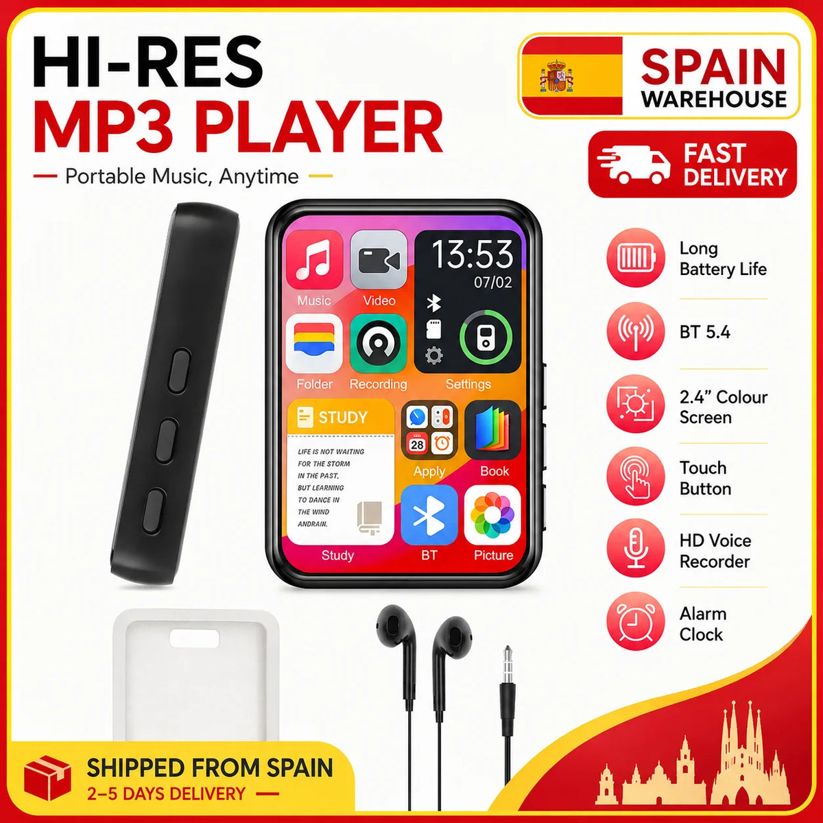 2.4 Inch Touch Screen MP3 Player with Bluetooth 5.4 HiFi Sound Built-in Speaker E-book Reader Music Walkman for Sports And Travel