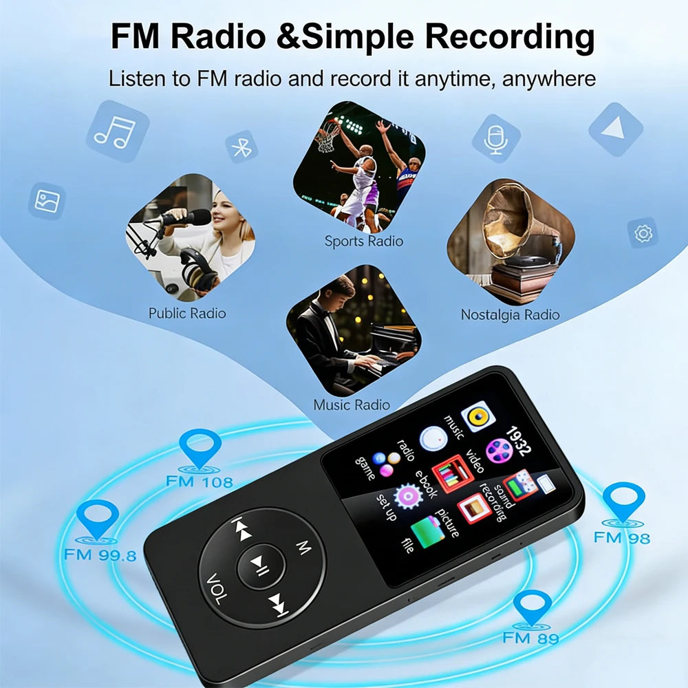 Portable MP3 Player Bluetooth Lossless Music Player Walkman 1.8 Inch LCD Display MP4 E-Books Picture FM Recording MP3 Speaker