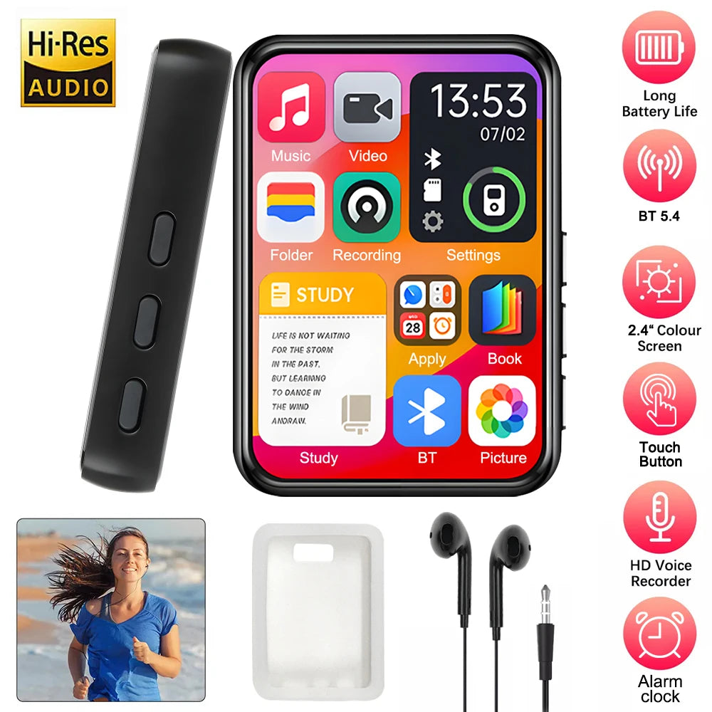 2.4 Inch Touch Screen MP3 Player with Bluetooth 5.4 HiFi Sound Built-in Speaker E-book Reader Music Walkman for Sports And Travel