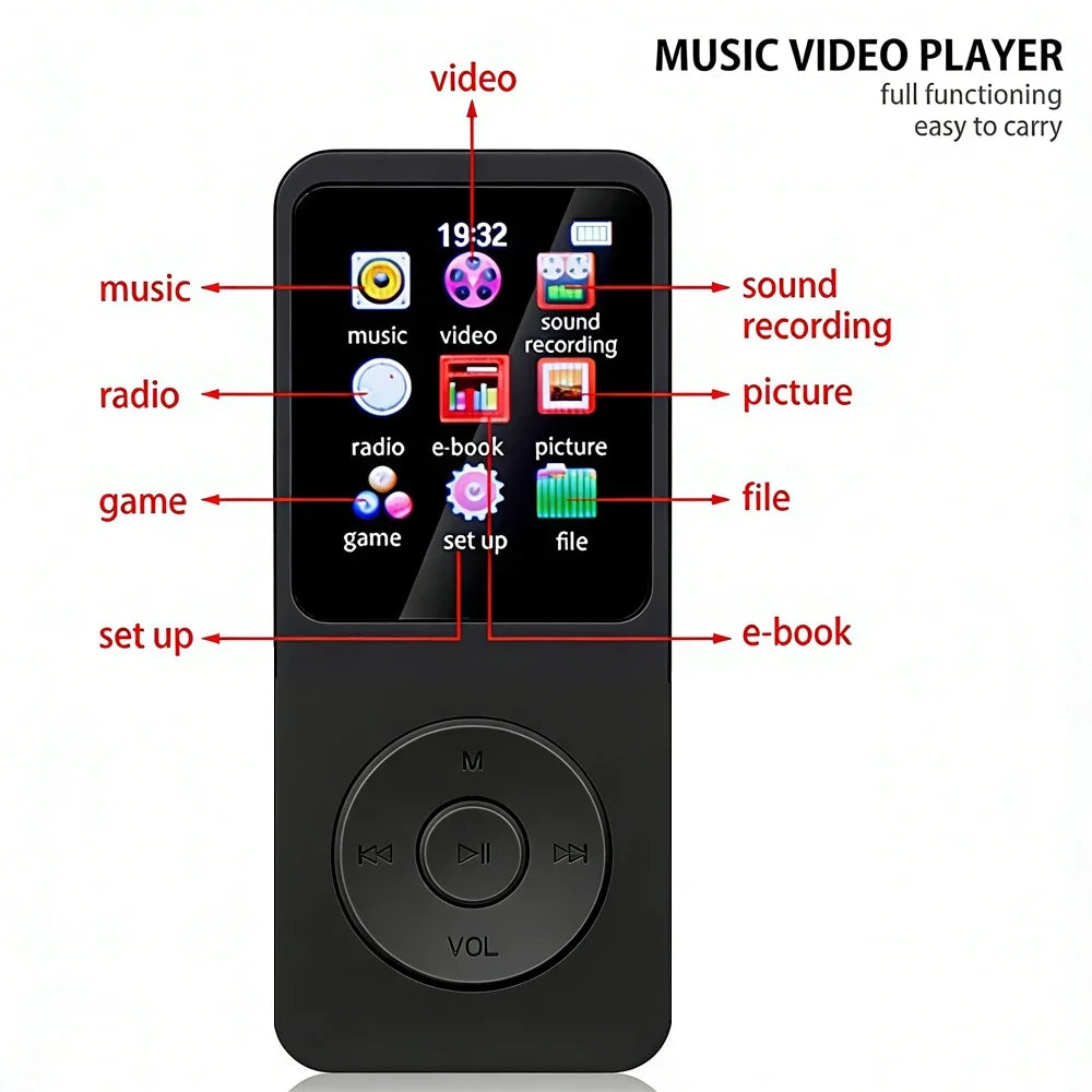 Portable MP3 Player Bluetooth Lossless Music Player Walkman 1.8 Inch LCD Display MP4 E-Books Picture FM Recording MP3 Speaker