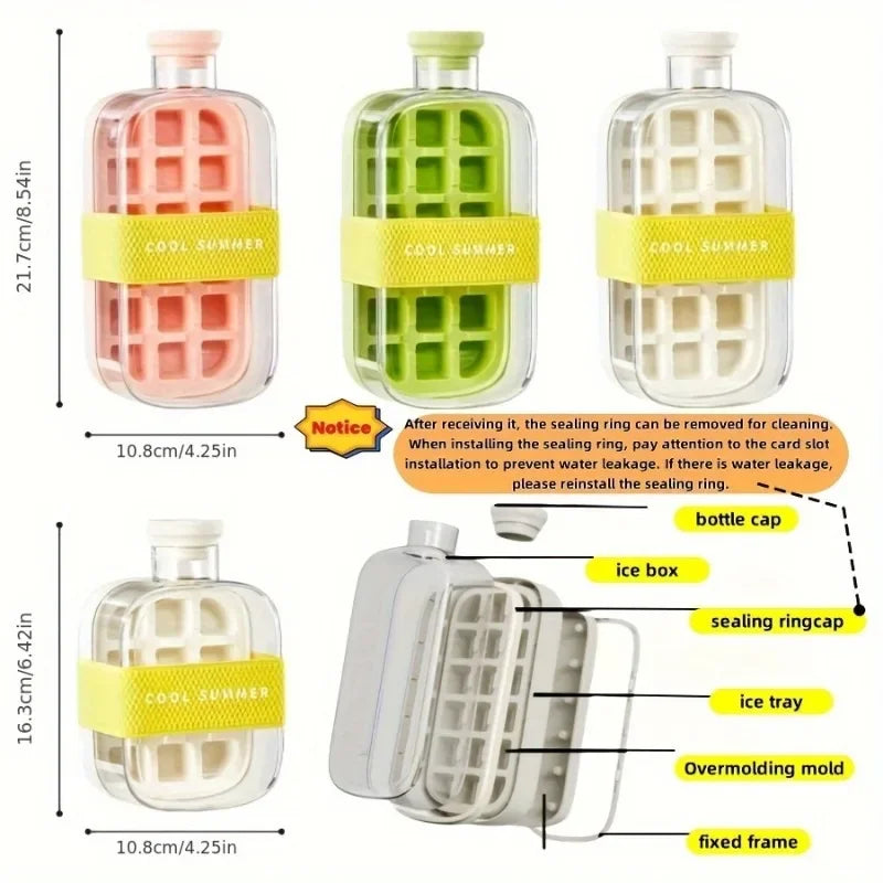 12-Grid 500/800ml Silicone Food-Grade Ice Cube Tray Large Capacity Water Bottle Combo with Lid Flexible Transparent Plastic Mold