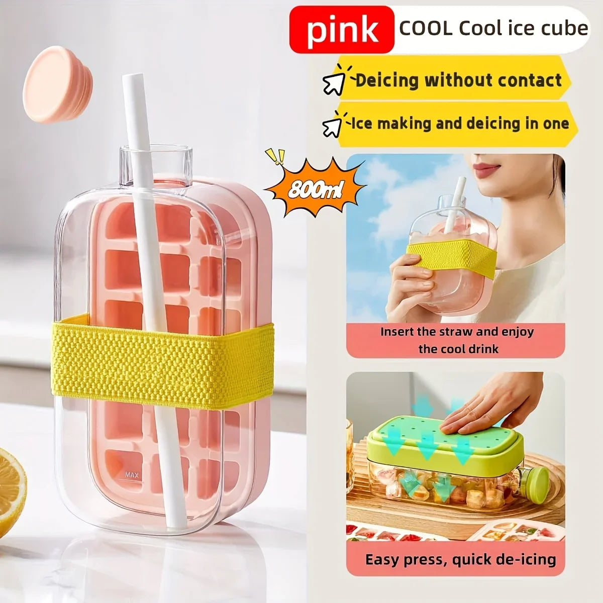 12-Grid 500/800ml Silicone Food-Grade Ice Cube Tray Large Capacity Water Bottle Combo with Lid Flexible Transparent Plastic Mold