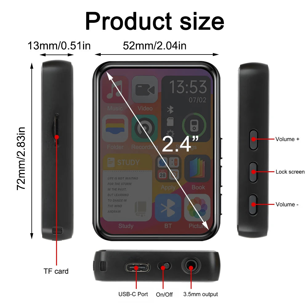 2.4 Inch Touch Screen MP3 Player with Bluetooth 5.4 HiFi Sound Built-in Speaker E-book Reader Music Walkman for Sports And Travel